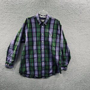 Orvis Mens Shirt Large Green Purple Plaid 100% Cotton Button Front Shirt Pockets